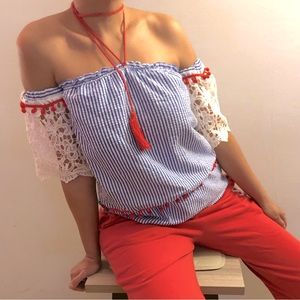 Off shoulder striped ruffle top